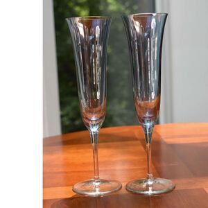 Set of 2 - Vintage Tall Champagne Flutes Vertical Panel Cut Crystal Stemware